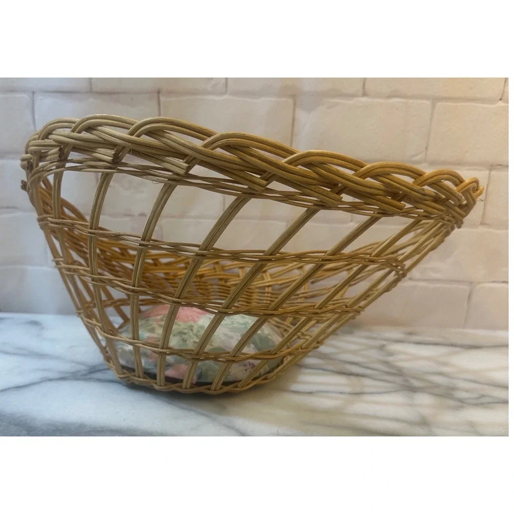 Vintage Wicker Slanted Display Basket with Floral Pincushion Base Natural Rattan